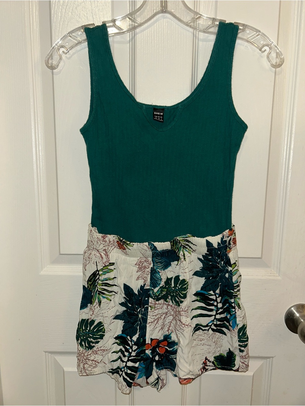 SHEIN Teal Tank Top One-Piece Romper with Tropical Print Skirt